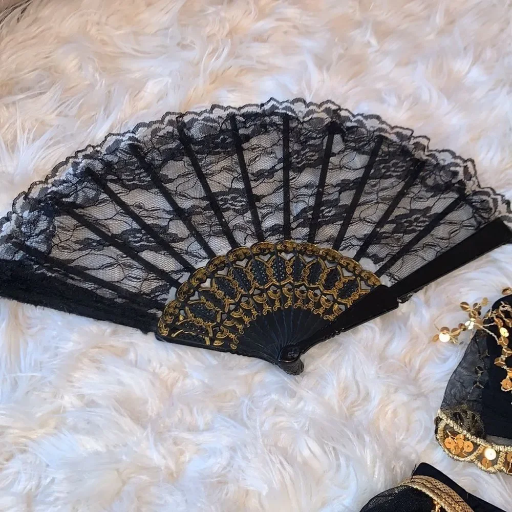 Belly Dance Spanish Arabian Style Black and Gold two piece Costume